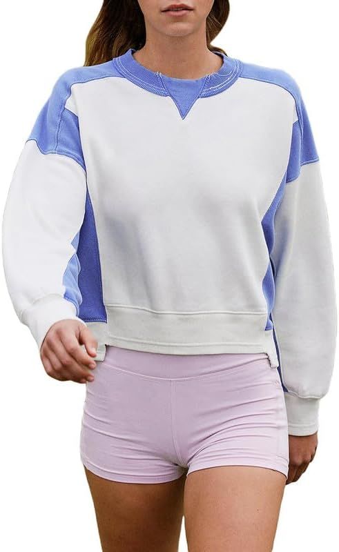 Women Y2k Crewneck Colorblock Crop Sweatshirt Long Sleeve Loose Pullover Shirt Casual Workout Top... | Amazon (US)
