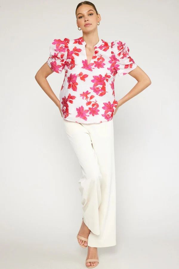 YATES FLORAL BLOUSE IN OFF WHITE AND FUCHSIA | Indigeaux Denim Bar & Boutique