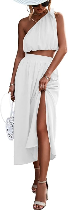 Umenlele Women's 2 Piece Outfits Tie Knot One Shoulder Tank Top High Waist Side Split Maxi Skirt | Amazon (US)