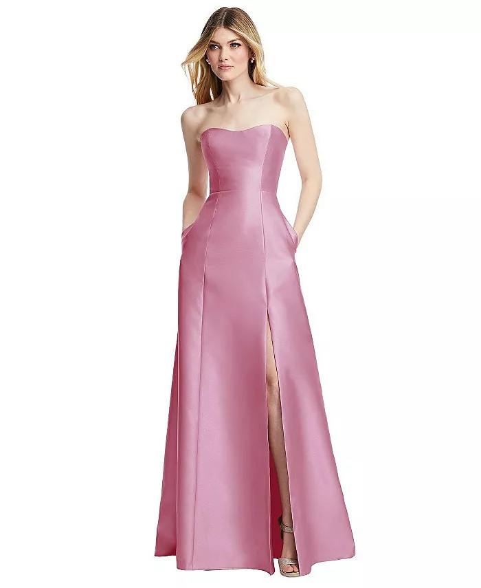 Alfred Sung Womens Strapless A-line Satin Gown with Modern Bow Detail - Macy's | Macy's