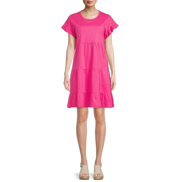 Time and Tru Women's Short Sleeve Flutter Tiered Dress | Walmart (US)