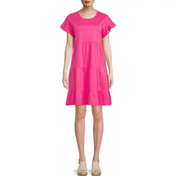 Time and Tru Women's Short Sleeve Flutter Tiered Dress - Walmart.com | Walmart (US)