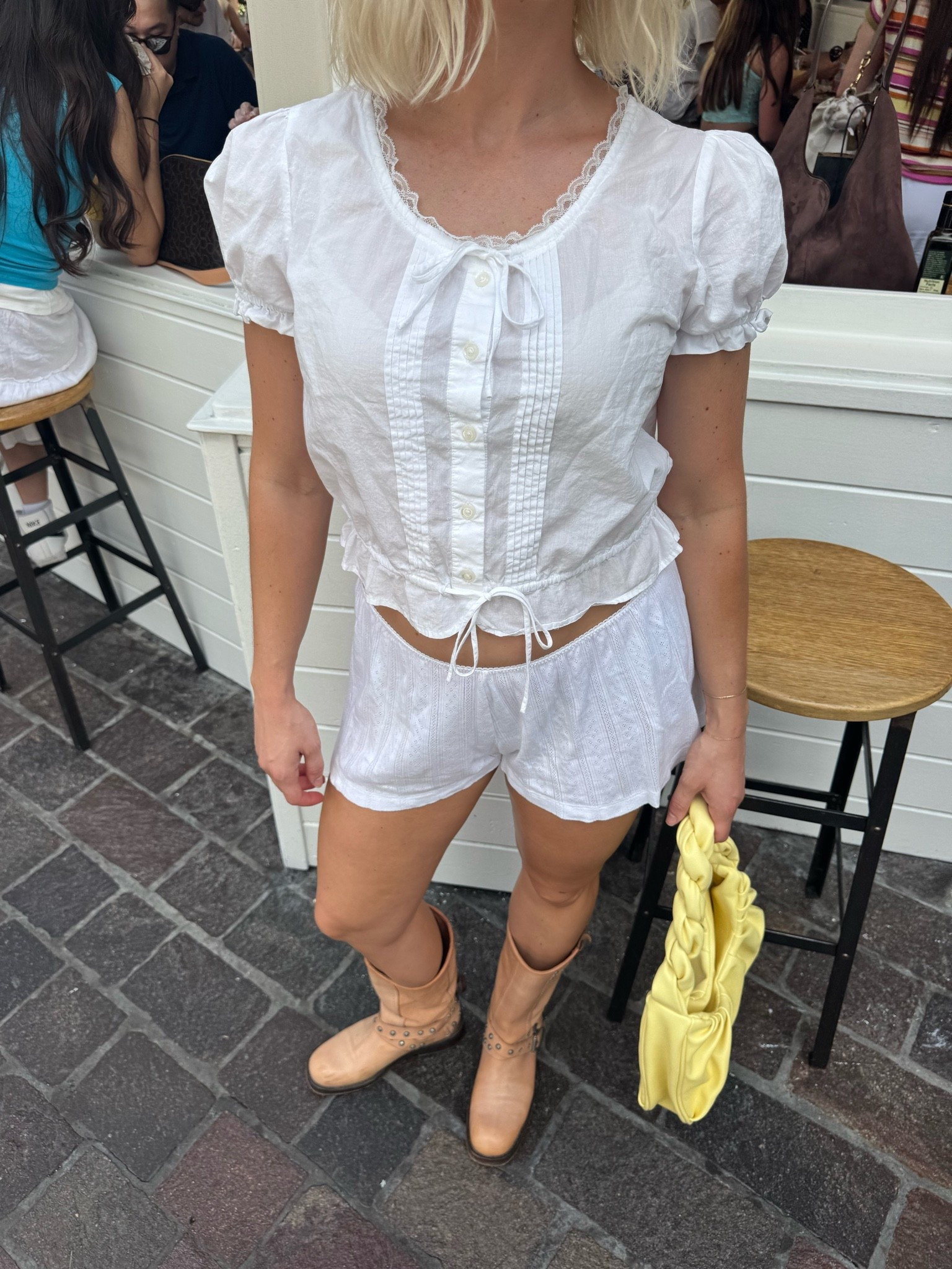 the sweetest lil white blousey top!! 
Shorts are doen added some similar they have rn

all white outfit, end of summer look, shorts & boots

#LTKootd #LTKSeasonal