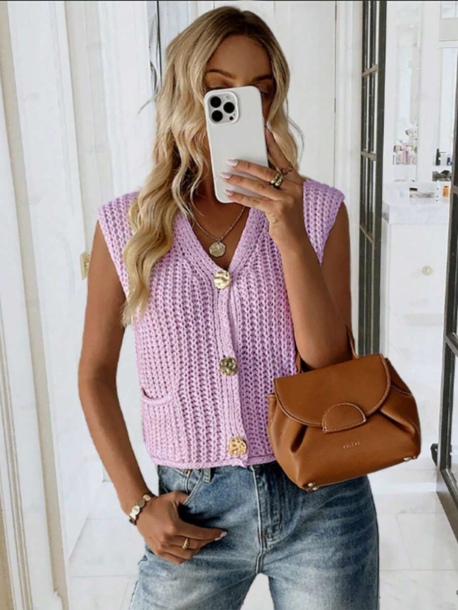 SHEIN LUNE New V-Neck Rib Knit Cardigan Vest, Fashionable Elegant And Dignified Women Clothing | SHEIN