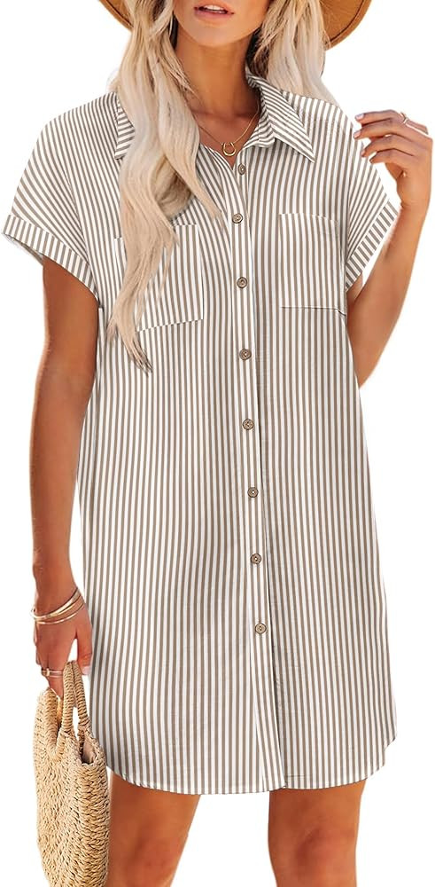 Zeagoo Womens Linen Shirt Dress Summer Casual Short Sleeve Mini Dress Button Down Shift Dress Str... | Amazon (US)