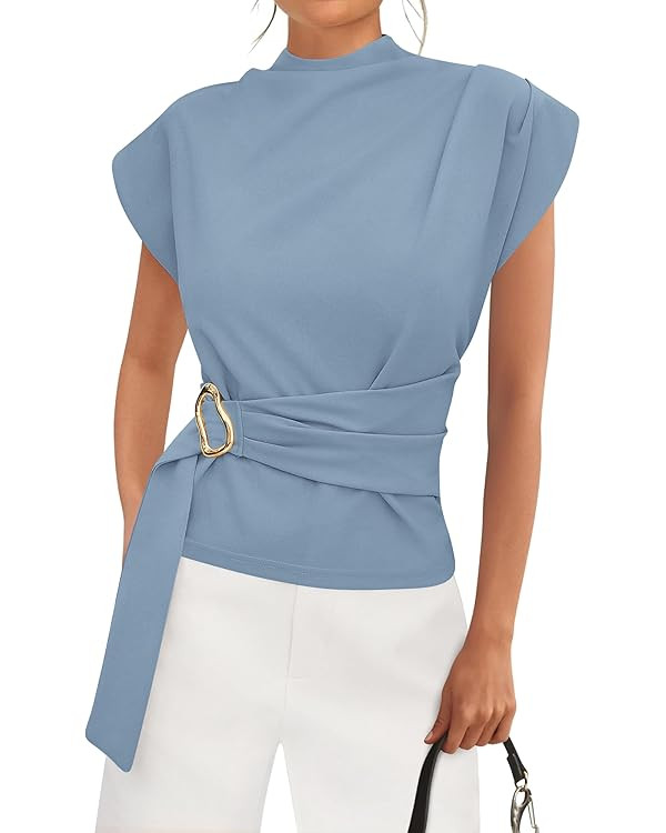 PRETTYGARDEN Women Blouses Spring Dressy Cap Sleeve Mock Neck Work Shirts Buckle Tunic Summer Bus... | Amazon (US)