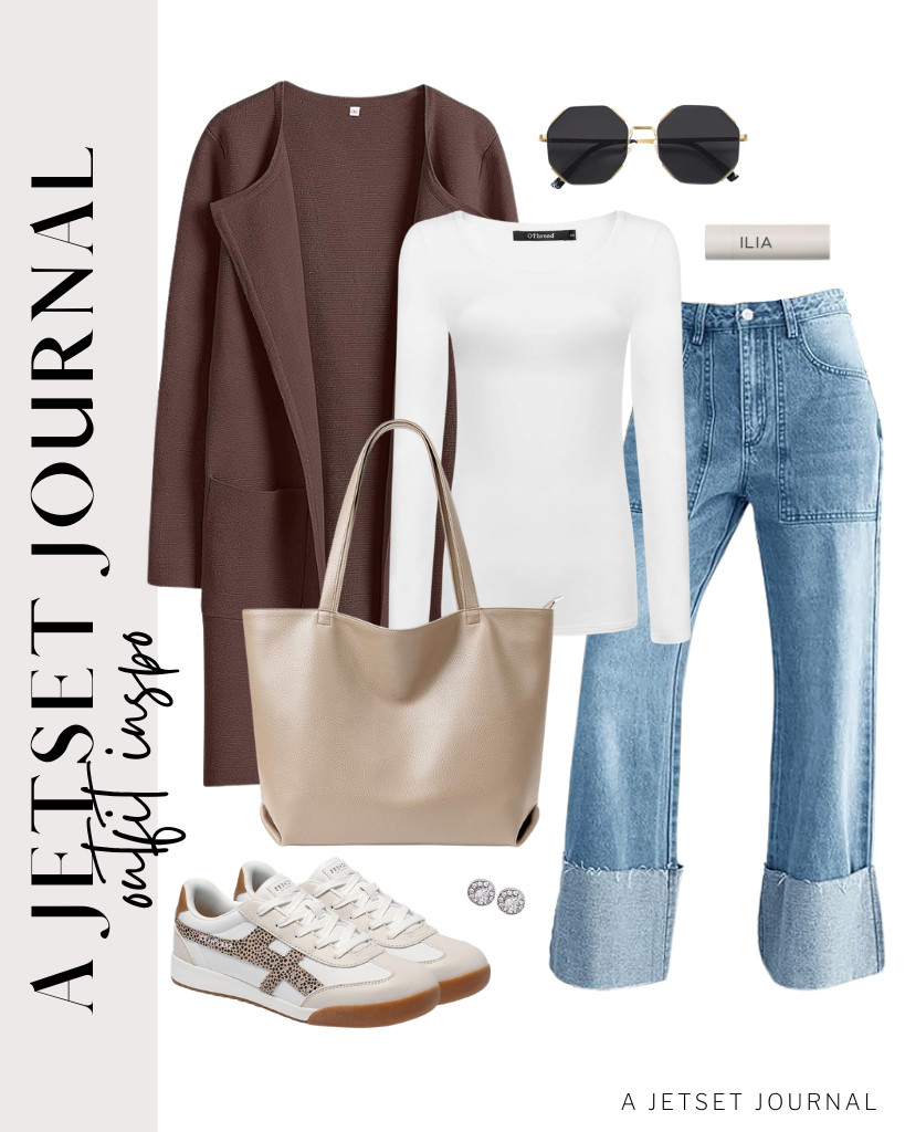 Layer a brown cardigan sweater from ANRABESS over a white long-sleeve T-shirt and baggy cuffed jeans. This combination goes well with Skechers Zinger sneakers and this leather tote. Finish the look with SOJOS sunnies and stud earrings. 

 #LTKSeasonal #LTKSaleAlert #LTKTravel