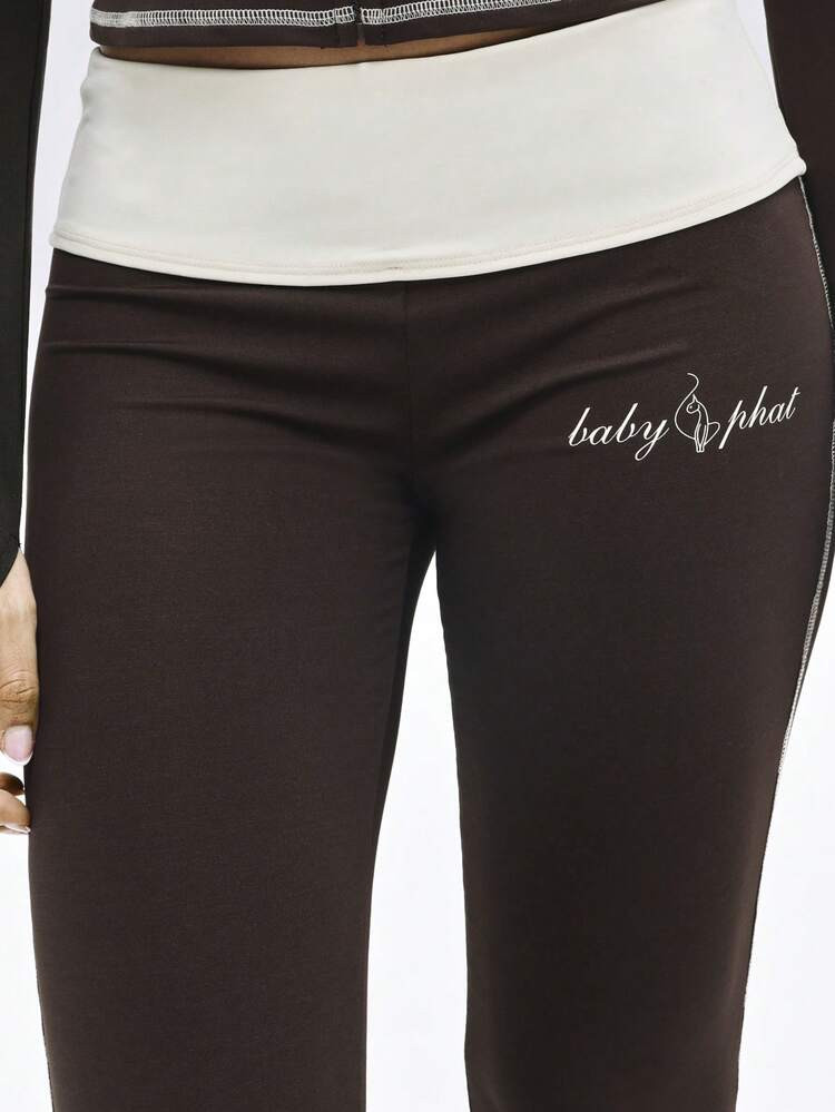 BABYPHAT Contrast Detail Flare Leggings With White Piping Cat Print High Rise Bell Bottom Wide Le... | SHEIN
