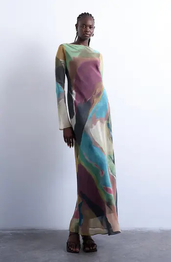 Abstract Print Long Sleeve Chiffon Maxi Dress | Nordstrom
