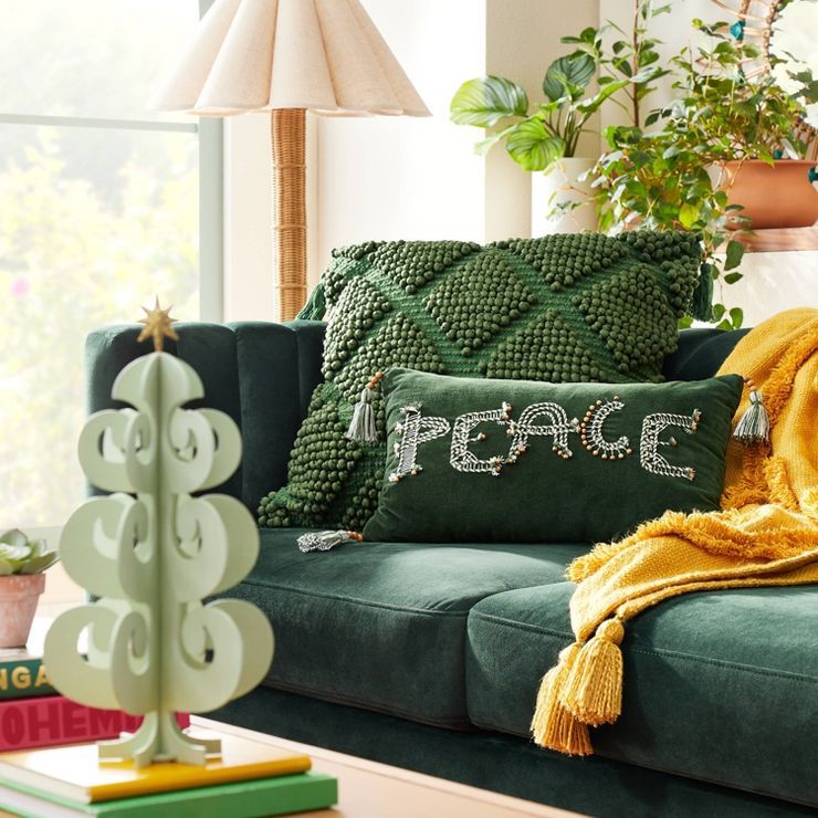 Peace Beaded and Embroidered Velvet Lumbar Throw Pillow Green - Opalhouse™ designed with Jungal... | Target