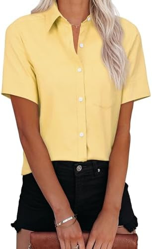 Womens Button Down Shirts Short Sleeve Summer Oxford V Neck Collared Button Up Casual Blouses Top... | Amazon (US)