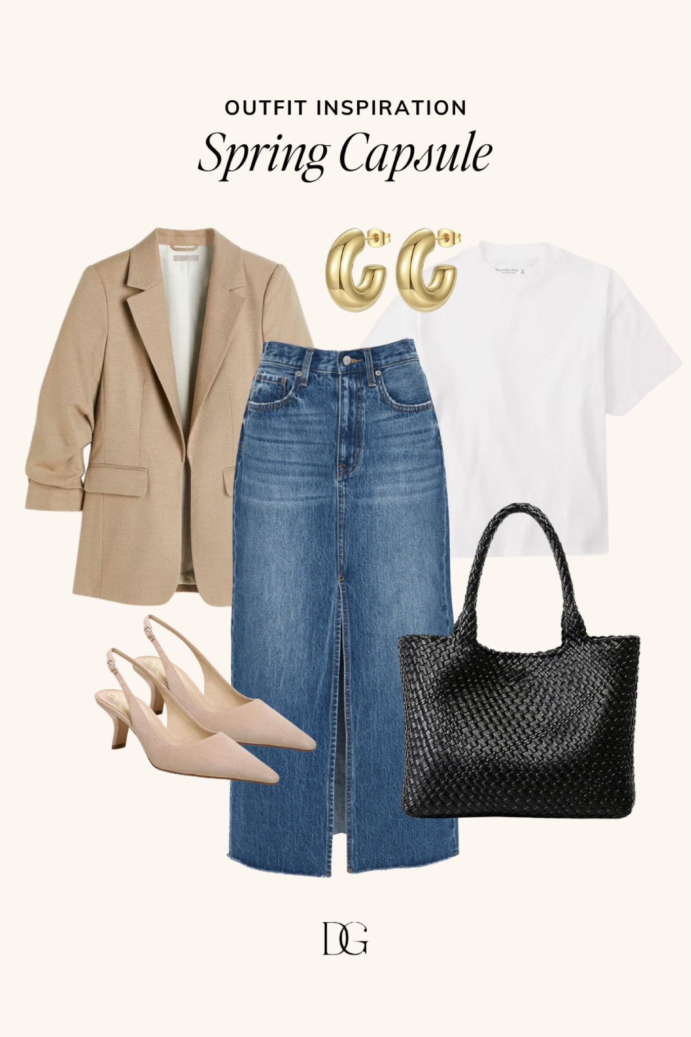 Spring Capsule Wardrobe for 2024 // Capsule wardrobe, spring outfits, spring outfit, spring staples, spring fashion, elevated spring outfit, casual spring outfit, simple spring outfit, neutral spring outfit, denim skirt outfit, denim midi skirt, blazer outfit, workwear outfit, work outfit 

#LTKSeasonal #LTKfindsunder100 #LTKstyletip