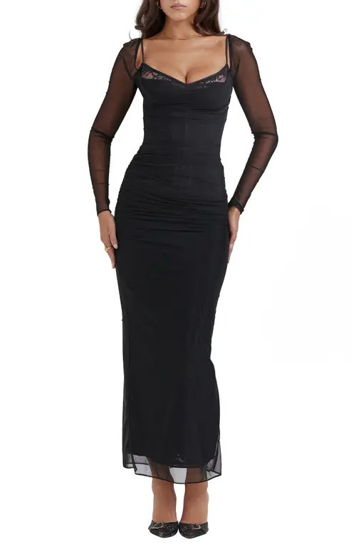 HOUSE OF CB Katrina Lace Mesh Long Sleeve Gown in Black at Nordstrom, Size Large D | Nordstrom