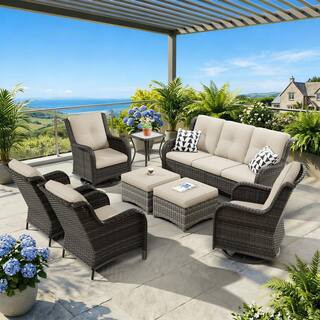 8-Piece Wicker Outdoor Patio Conversation Set with Beige Cushions and Swivel Rocking Chairs | The Home Depot