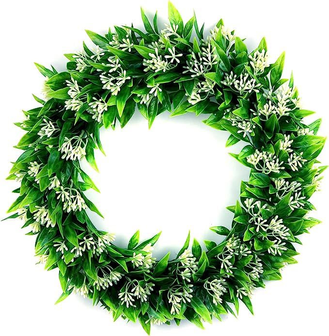 Chaoka 15 Inch Artificial Wreath Summer Wreaths for Front Door Green Wreath with White Flowers fo... | Amazon (US)