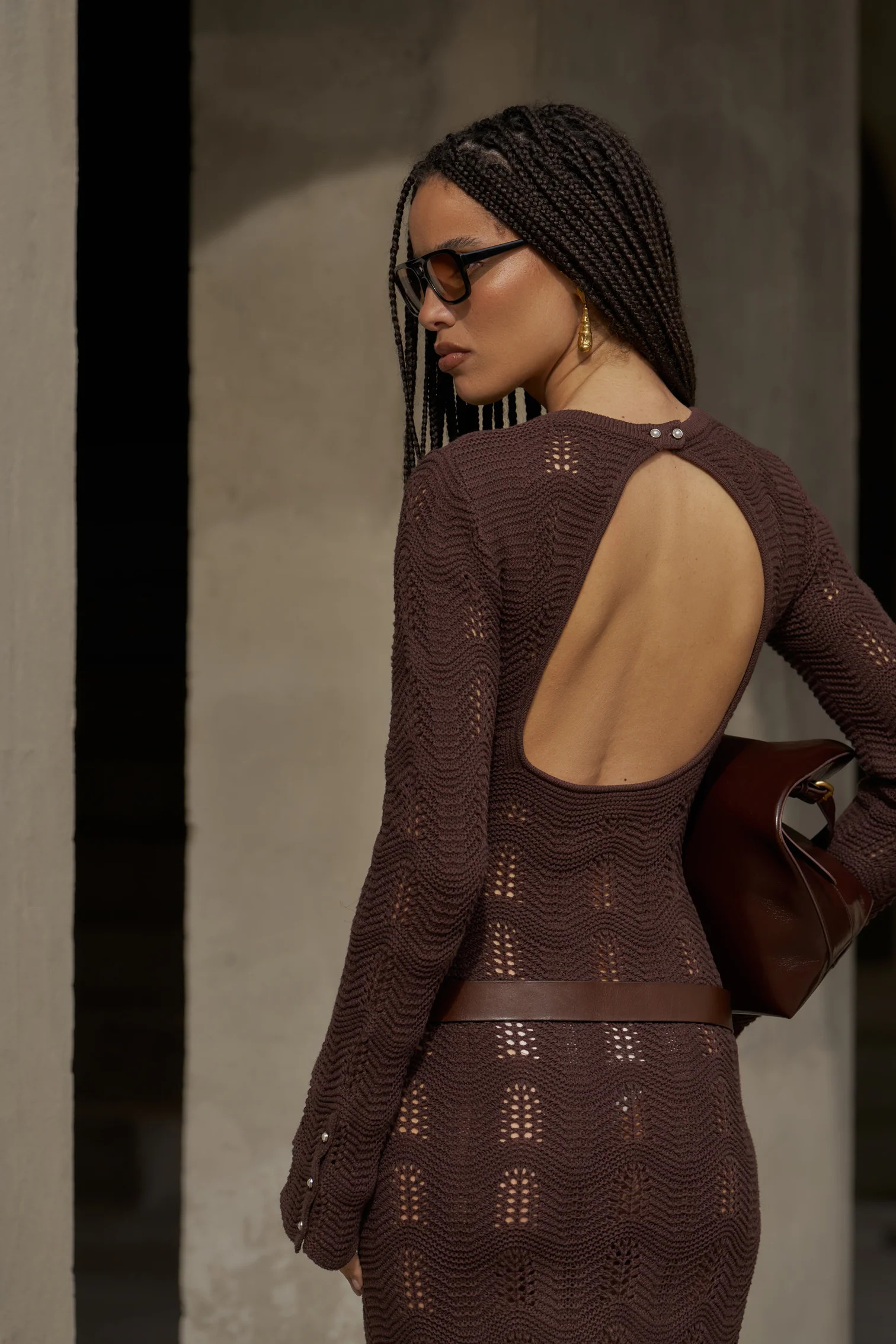 SCALLOP EDGE KNITTED MAXI DRESS - CHOCOLATE | The Couture Club