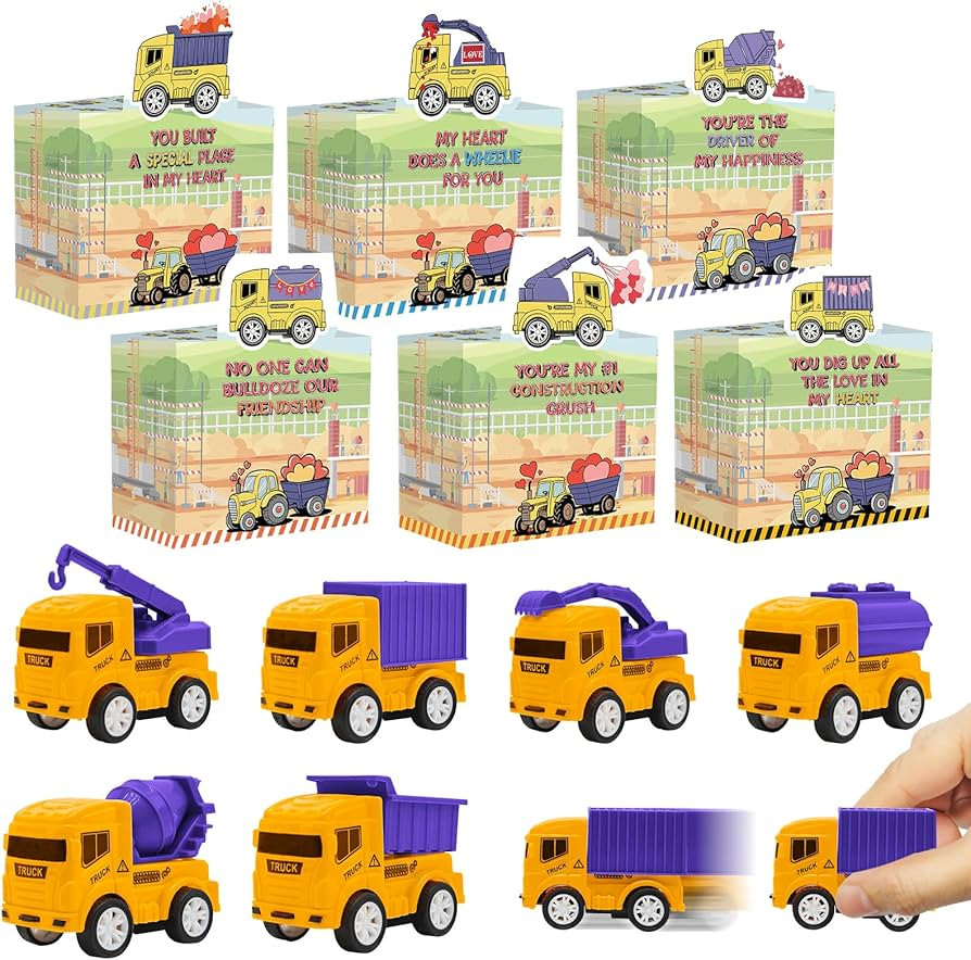 24 Pack Valentines Day Gifts for Kids Classroom, 24 Construction Vehicles Toys Cars with Valentin... | Amazon (US)