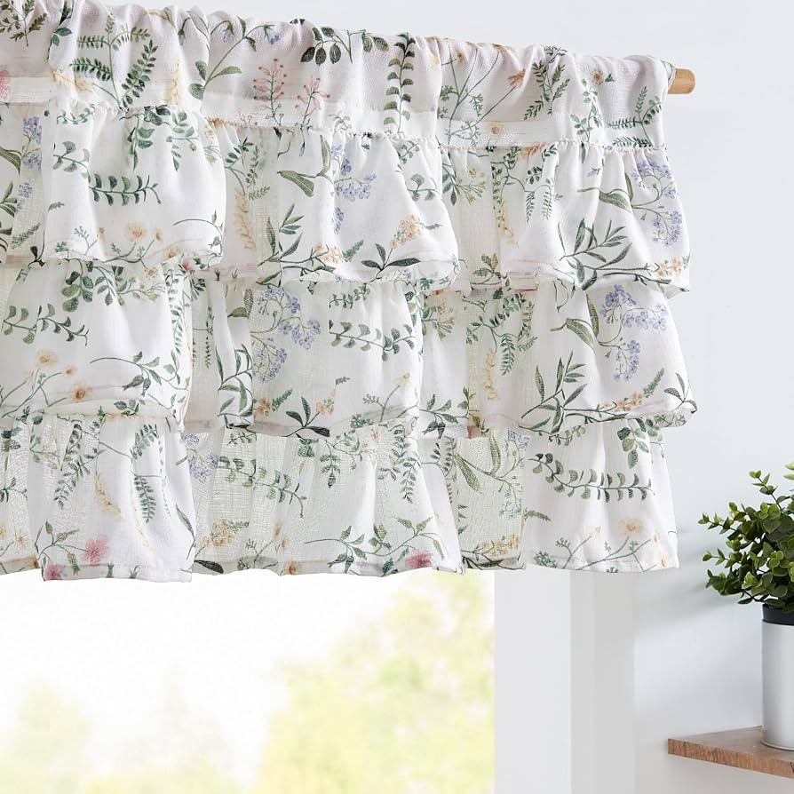 jinchan Ruffled Floral Valance Linen Shabby Chic Small Window Curtain 18 Inch Farmhouse Kitchen V... | Amazon (US)