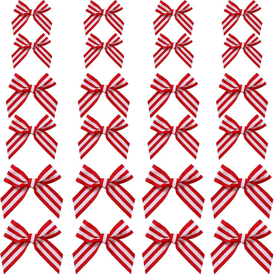 XunYee 24 Pcs Christmas Bows Red and White Bows Striped Pre Tied Bows Polyester Mini Bows for Cra... | Amazon (US)