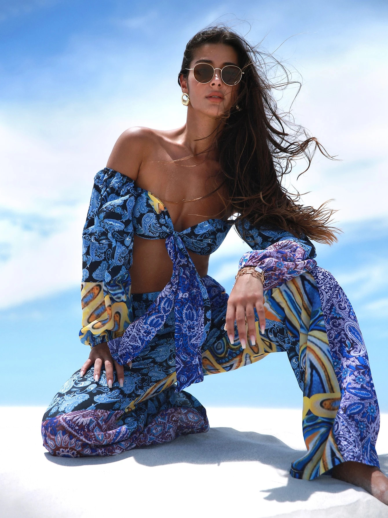 SHEIN SXY Paisley Print Tie Front Top & Pants
   SKU: sw2112179954858988      
          (86 Revi... | SHEIN