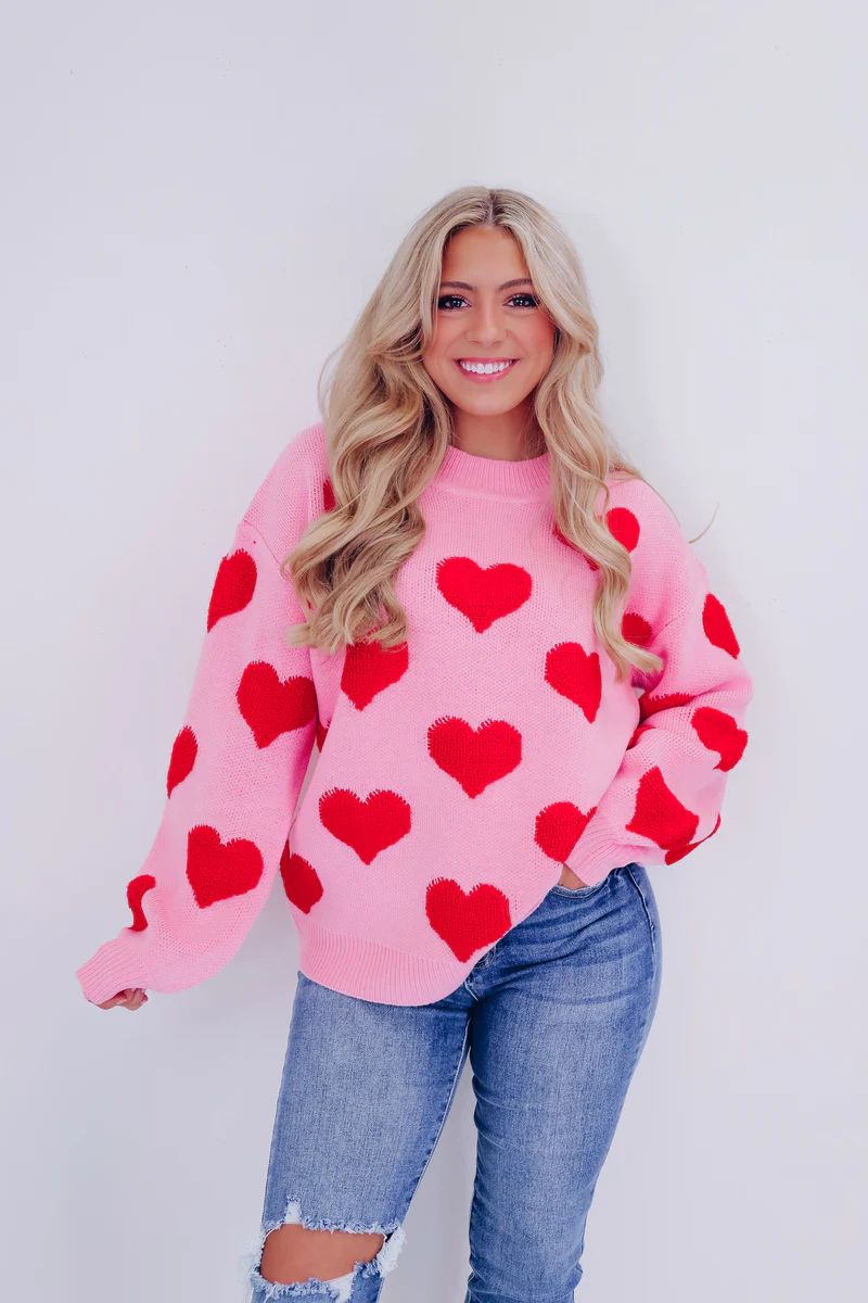 Love Struck Heart Print Sweater - Pink | Whiskey Darling Boutique