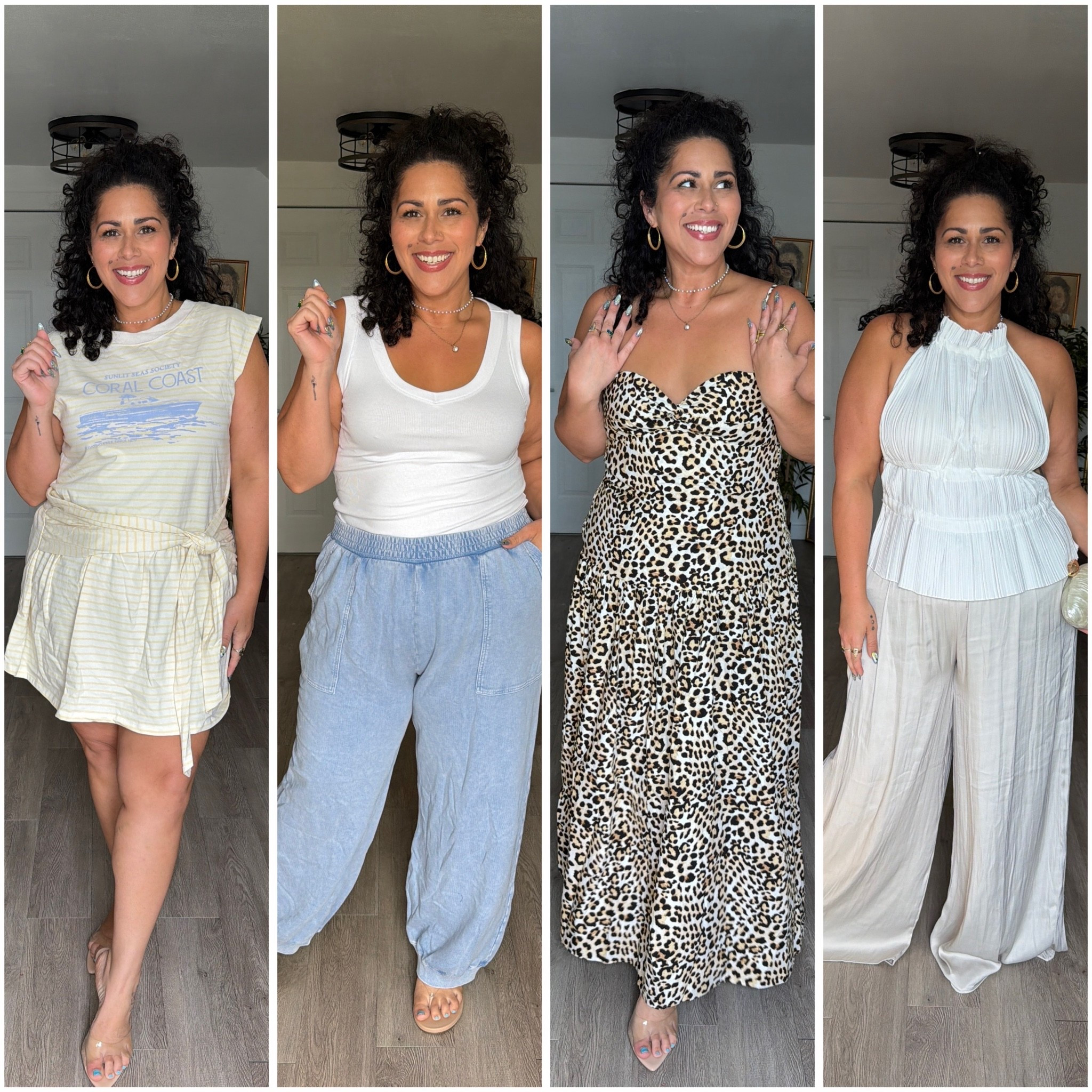 Size large for the yellow @Anthropologie dress. Size xl for the @Aerie joggers & @Express leopard dress. @Zara pants but they won’t let me tag them sorry!