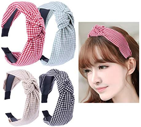 4 Pcs Check Gingham Turban Headbands Lattice Cross Knot Headband Cloth Wrapped Plastic Headwear H... | Amazon (US)