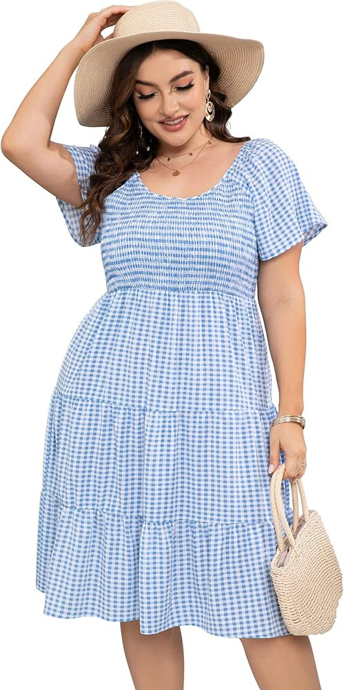 KOJOOIN Women Plus Size Smocked Dress Scoop Neck High Waist Ruffle Tiered Casual Midi Dress | Amazon (US)