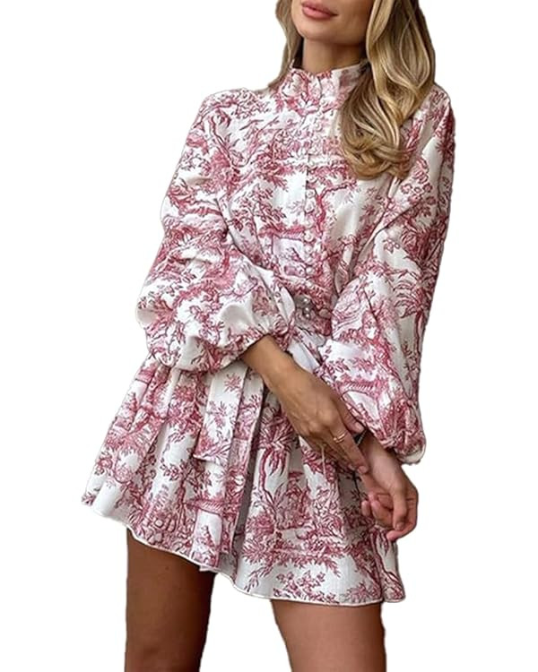 Womens Boho Floral Long Puff Sleeve Colorful Graffiti Dress Button Down Flowy Dress Button Down M... | Amazon (US)