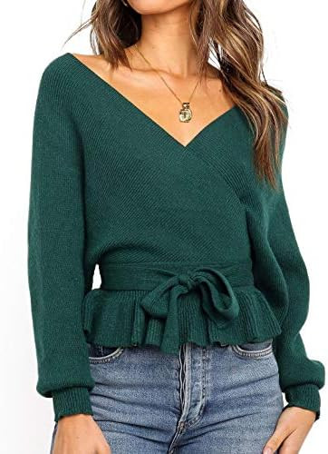 ZESICA Women's Fall 2025 Wrap V Neck Long Batwing Sleeve Belted Waist Ruffle Knitted Sweater Pull... | Amazon (US)