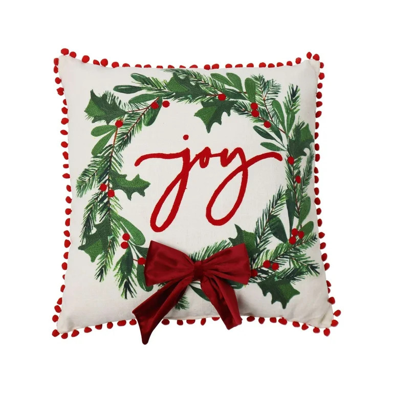 Holiday Time Joy Wreath Pattern With 3D Bow  Decorative Christmas Pillow, 18x18 inAdorable wreath... | Walmart (US)