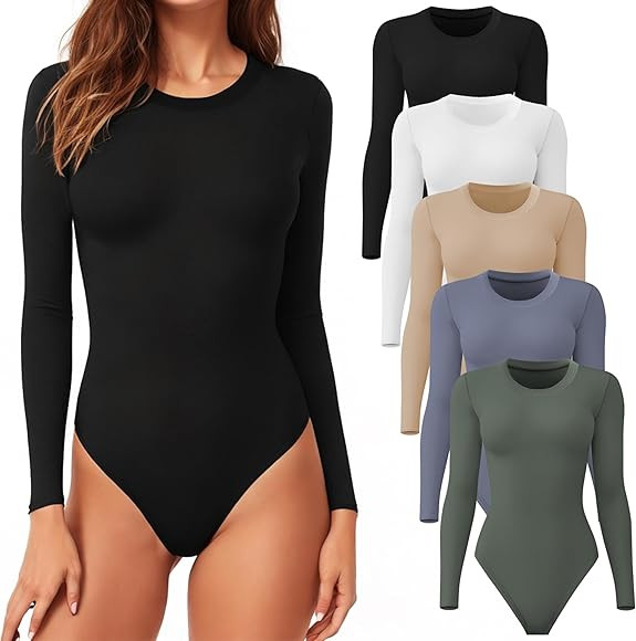 CE' CERDR Women's 4/5 Pack Round Neck Long Sleeve Bodysuits Basic Stretch Body Suit Top | Amazon (US)