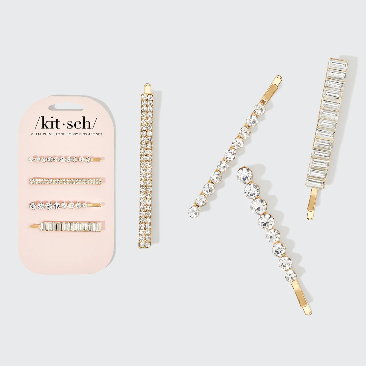 Metal Rhinestone Assorted Bobby Pins 4pc Set - Gold | Kitsch