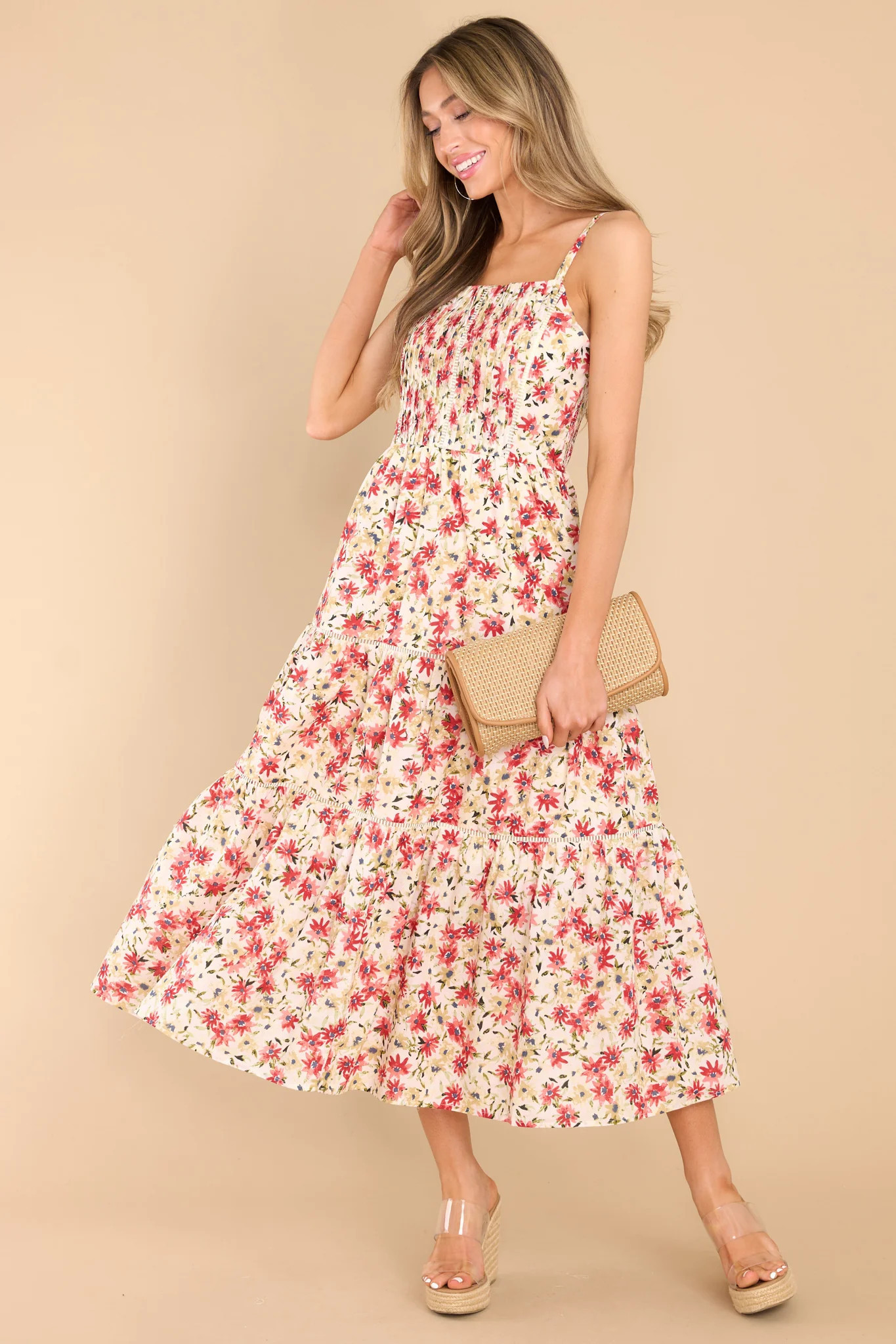 Free To Choose Ivory Floral Midi Dress | Red Dress 