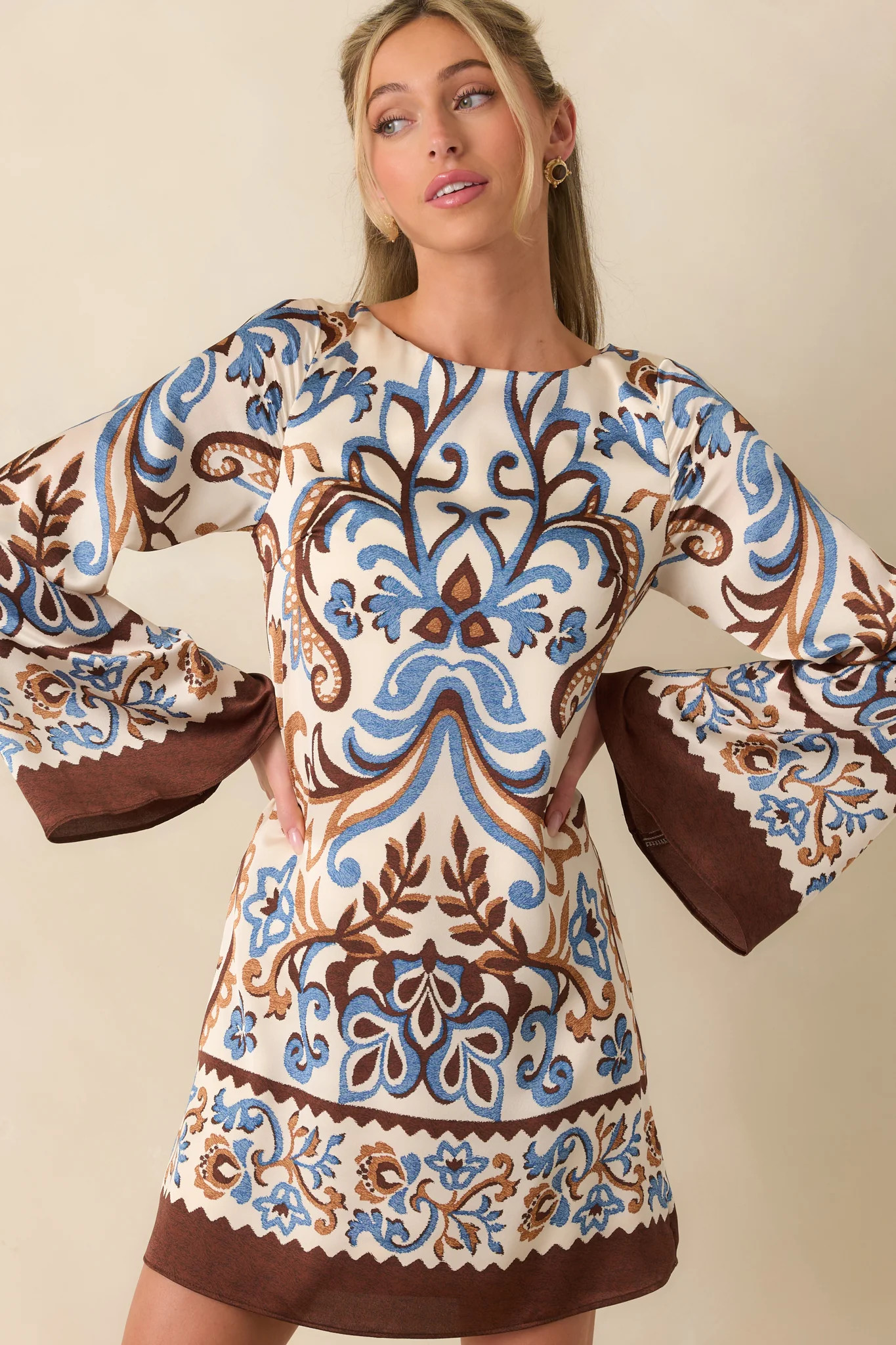 Don't Second Guess It Ivory Multi Print Satin Long Sleeve Mini Dress | Red Dress