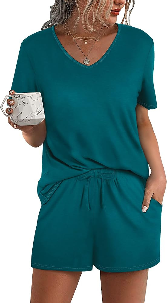 Aloodor Lounge Set for Women 2 Piece Outfits Short Sleeve V Neck Pjs Sleepwear Soft | Amazon (US)