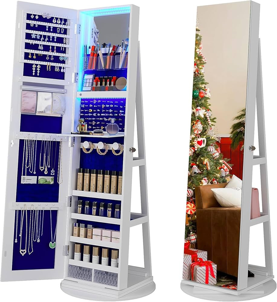 Full Length Mirror with Storage, 61" Mirror Jewelry Cabinet Standing, Rotating Jewelry Mirror Org... | Amazon (US)