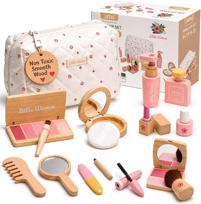 Wooden Makeup Toy Set for Girls - Pretend Play Makeup Kit for Toddlers 3-5 with Eyeshadow/ Mascar... | Amazon (US)