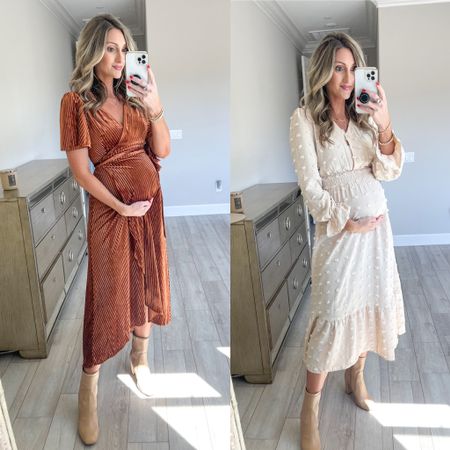 Amazon fall dresses. Sized up to M for the bump. Fall family photos. Velvet dress. Neutral dress. Maternity picture dress. Fall style. Mom style.  Pregnant style

#LTKSeasonal #LTKbump #LTKunder50