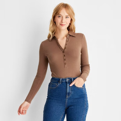 Women's Long Sleeve Henley Collared Button-Front Bodysuit - Future Collective™ with Reese Bluts... | Target
