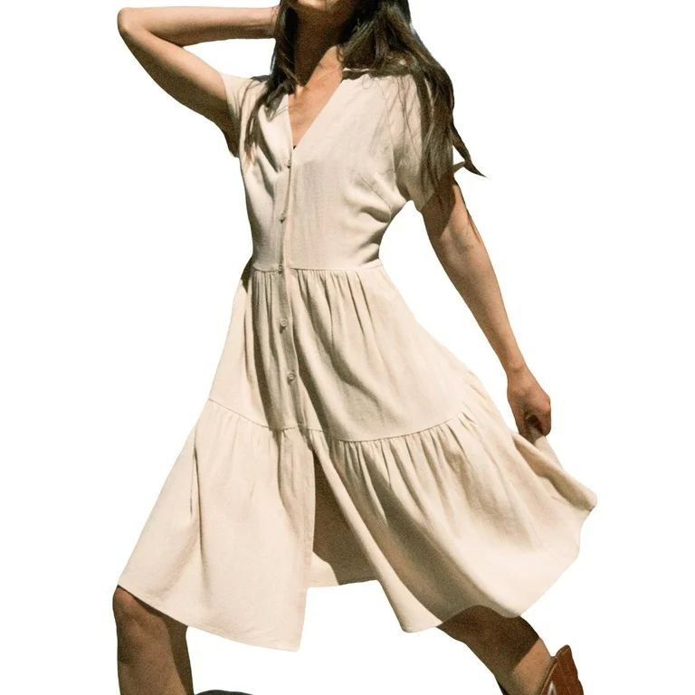 CUPSHE Women's Dress Collared V-neckline Short Sleeves Front Buttons Mini Linen Dress - Walmart.c... | Walmart (US)