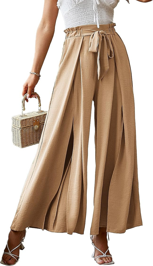 BerryGo Women's Boho Linen High Waist Pants Split Flowy Stripe Wide Leg Pant | Amazon (US)