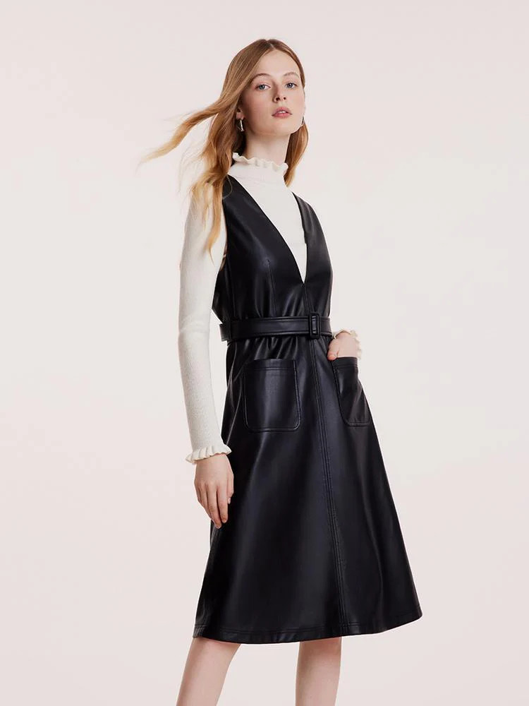 V-neck Vest Dresses With Belt | GoeliaGlobal