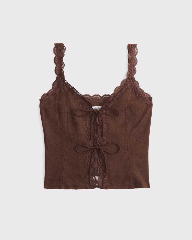 Abercrombie & Fitch Women's Lace-Trim Tie-Front Peplum Top in Brown - Size XL | Abercrombie & Fitch (US)