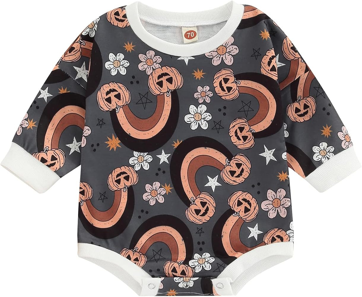 Baby Girl Boy Halloween Clothes Crewneck Oversized Floral Pumpkin Print Sweatshirt Romper One Pie... | Amazon (US)