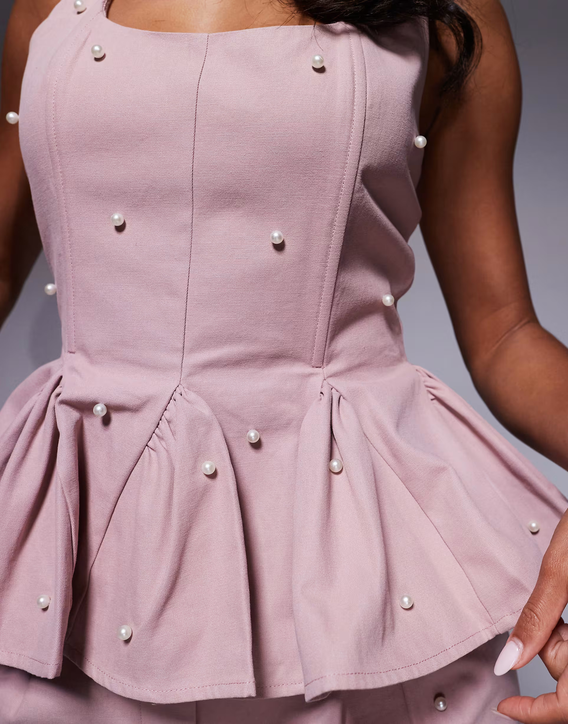 ASOS LUXE pearl embellished cotton twill corset peplum top in pink - part of a set | ASOS (Global)