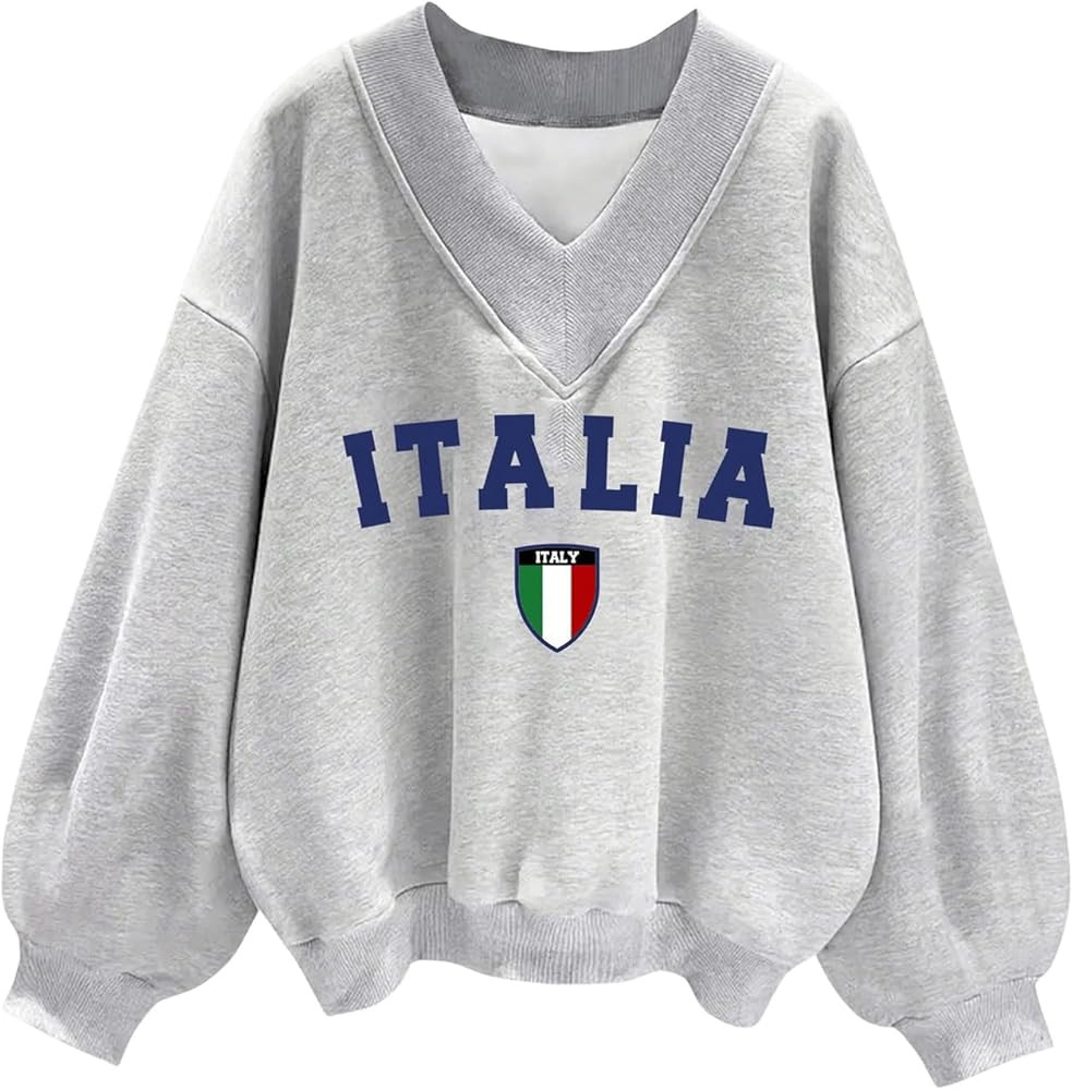 WDIRARA Women's V Neck Letter Graphic Oversized Sweatshirt Long Sleeve Drop Shoulder Pullover Top | Amazon (US)