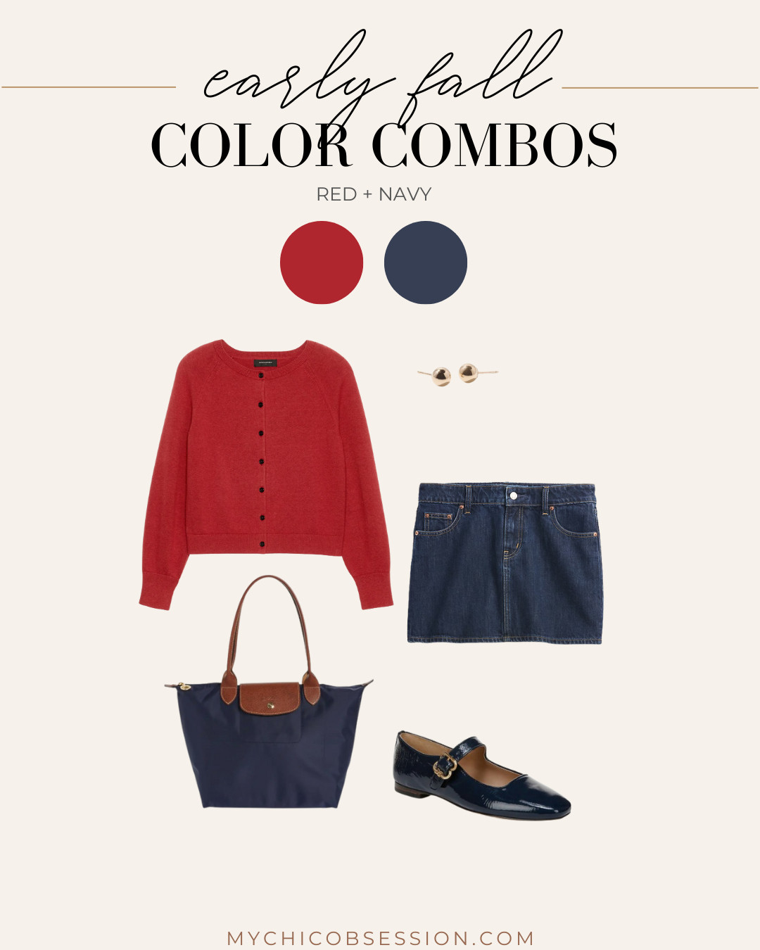 Red and navy make for the perfect early fall color combo. Pair a cozy red cardigan with a denim mini skirt, navy blue Mary Jane flats, a navy Longchamp Le Pliage tote, and gold stud earrings for a casual chic weekend look. 

 #LTKSeasonal #LTKStyleTip #LTKItBag