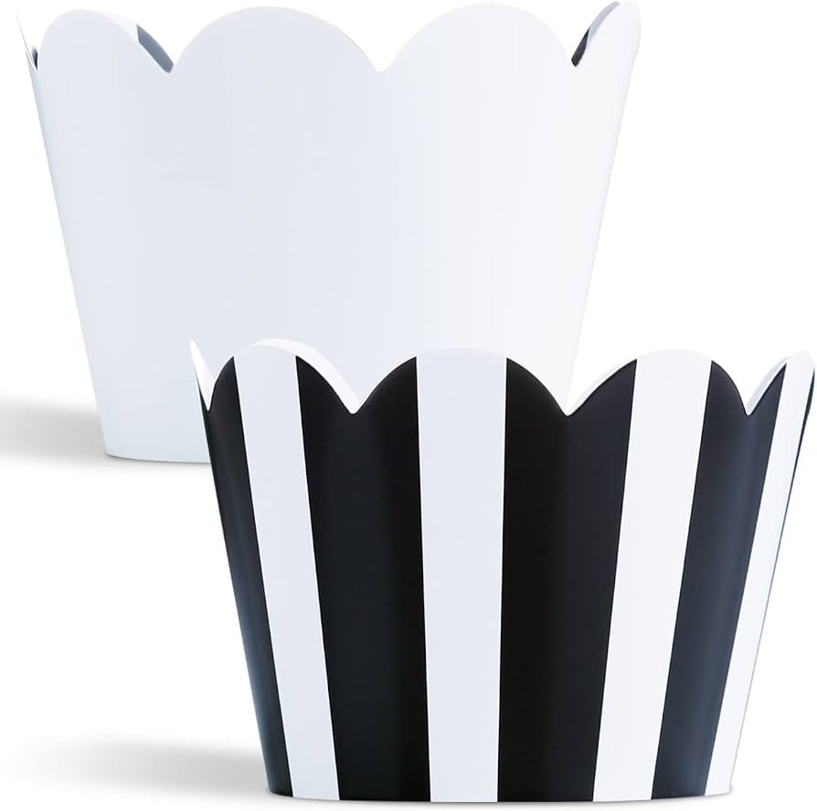 Black and White Striped Cupcake Wrappers, 50 Count - Reversible White Design, Scalloped Black and... | Amazon (US)