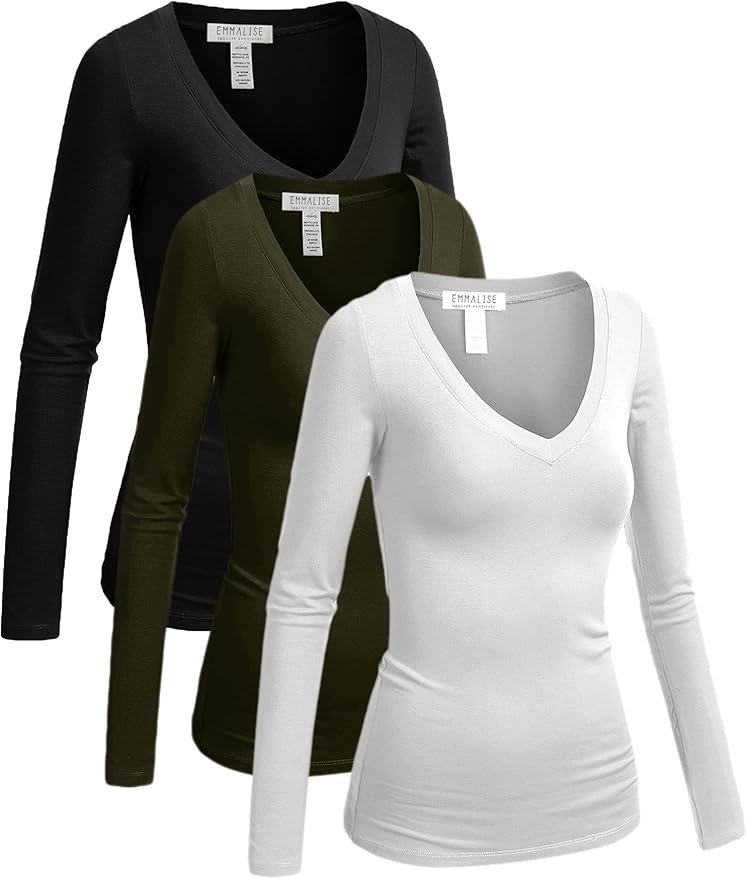 Emmalise Women's Junior and Plus Size Vneck Tshirt Long Sleeves Shirt Tee | Amazon (US)